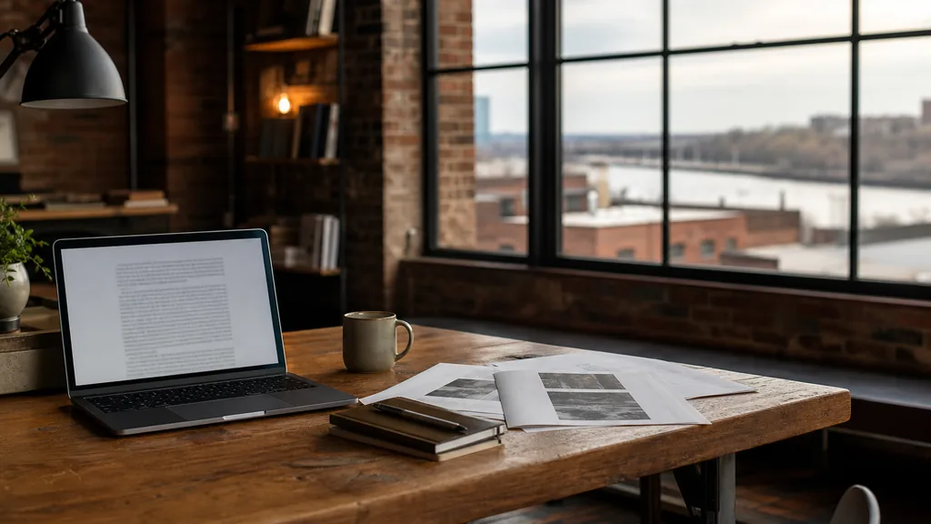 Editorial photograph of an empty modern writing studio in a Richmond converted tobacco warehouse office with steel-framed windows onto low rooftops and the James River in soft light, a laptop showing an anonymous draft document, printed page proofs, a notebook and a mug on a wooden desk, no people and no signage