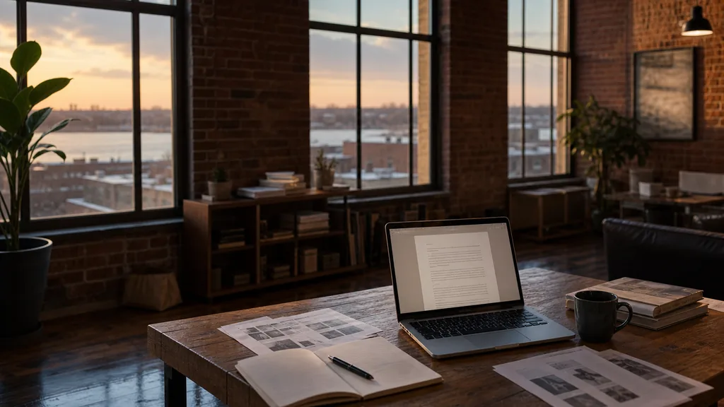 Editorial photograph of an empty modern writing studio in a Memphis brick warehouse office with tall windows onto low rooftops and the Mississippi River at golden hour, a laptop showing an anonymous draft document, printed page proofs, a notebook and a mug on a wooden desk, no people and no signage