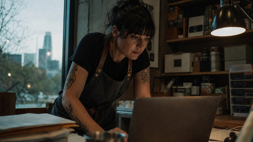 A small-business owner in an apron leaning over a laptop on a cluttered back-office desk late in the day, photographed in Austin