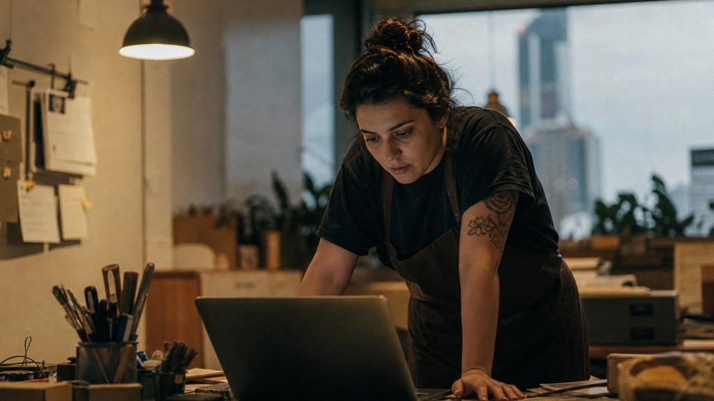 A small-business owner in an apron leaning over a laptop on a cluttered back-office desk late in the day, photographed in Austin