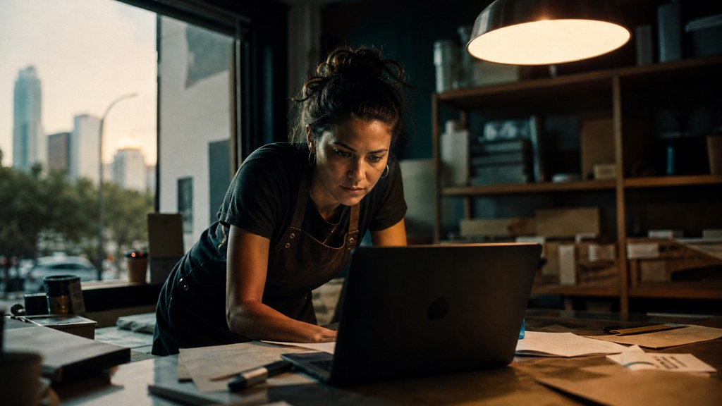 A small-business owner in an apron leaning over a laptop on a cluttered back-office desk late in the day, photographed in Austin