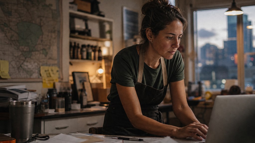 A small-business owner in an apron leaning over a laptop on a cluttered back-office desk late in the day, photographed in Austin