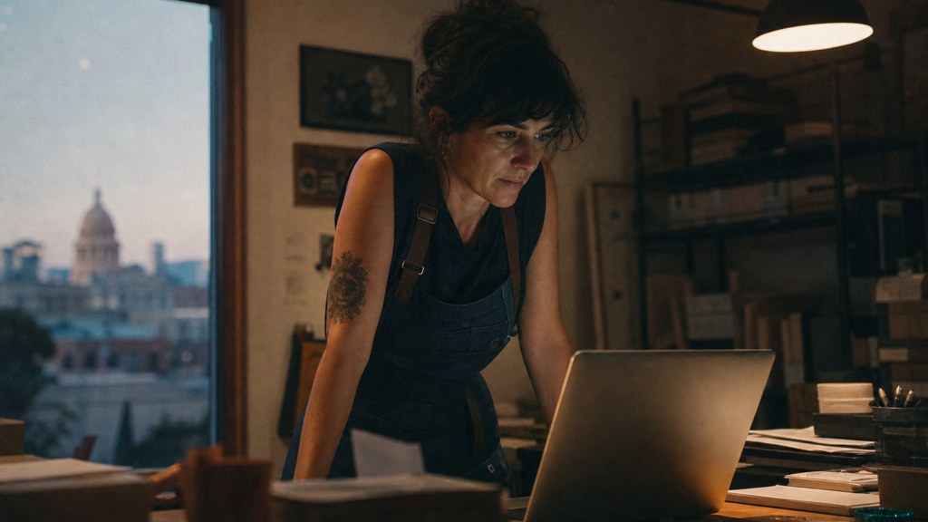 A small-business owner in an apron leaning over a laptop on a cluttered back-office desk late in the day, photographed in Austin
