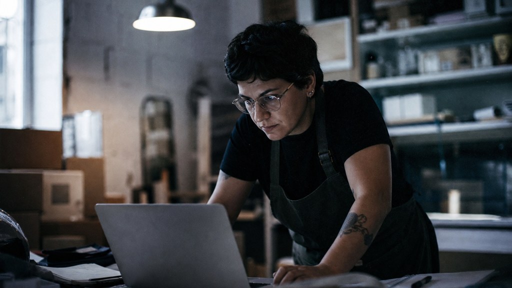 A small-business owner in an apron leaning over a laptop on a cluttered back-office desk late in the day, photographed in Austin
