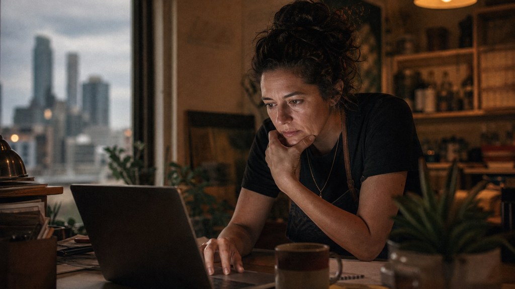 A small-business owner in an apron leaning over a laptop on a cluttered back-office desk late in the day, photographed in Austin