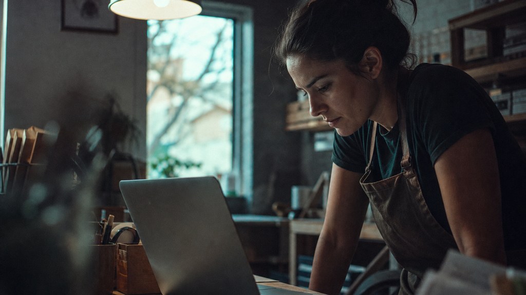 A small-business owner in an apron leaning over a laptop on a cluttered back-office desk late in the day, photographed in Austin