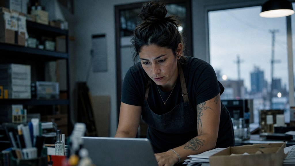 A small-business owner in an apron leaning over a laptop on a cluttered back-office desk late in the day, photographed in Austin