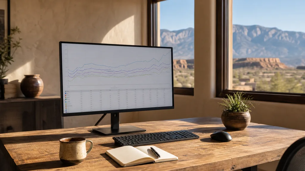 Editorial photograph of an empty modern marketing analytics studio in an Albuquerque adobe-walled office with wide windows onto desert mesas and the Sandia mountains in clear morning light, a widescreen monitor showing a blank dashboard and tag manager view, a keyboard and a mug on a wooden desk, no people and no signage