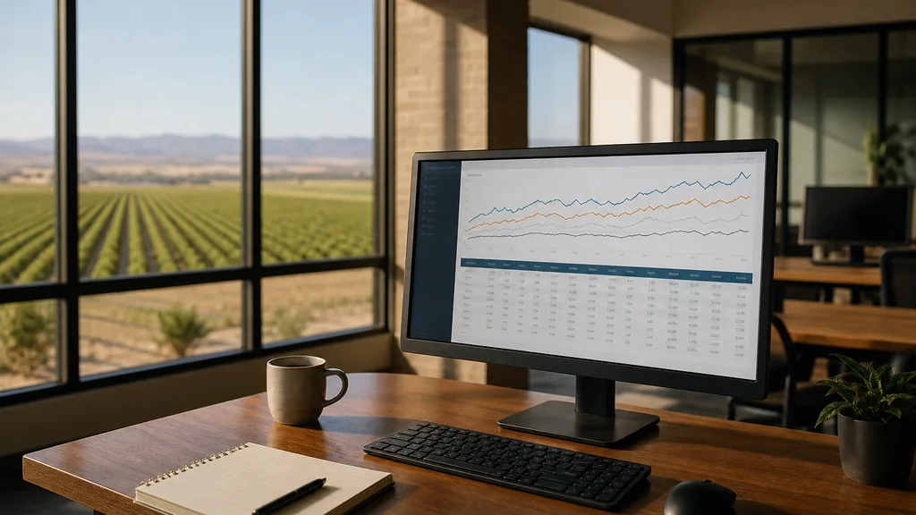Editorial photograph of an empty modern marketing analytics studio in a Bakersfield low-rise office with wide windows onto farmland, irrigation rows and open valley sky in warm afternoon light, a widescreen monitor showing a blank dashboard and tag manager view, a keyboard and a mug on a wooden desk, no people and no signage