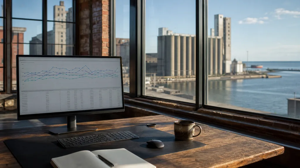 Editorial photograph of an empty modern marketing analytics studio in a Buffalo brick warehouse office with tall windows onto grain elevators and open lake water in clear daylight, a widescreen monitor showing a blank dashboard and tag manager view, a keyboard and a mug on a wooden desk, no people and no signage