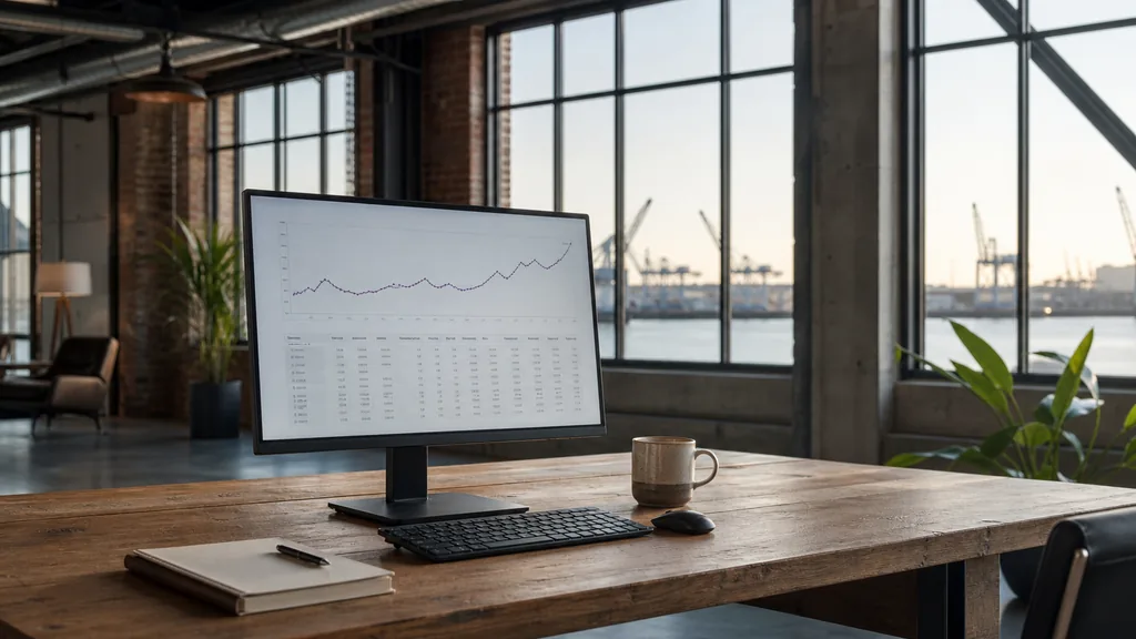 Editorial photograph of an empty modern marketing analytics studio in an Oakland converted warehouse office with tall windows onto a container port and estuary cranes in soft morning light, a widescreen monitor showing a blank dashboard and tag manager view, a keyboard and a mug on a wooden desk, no people and no signage