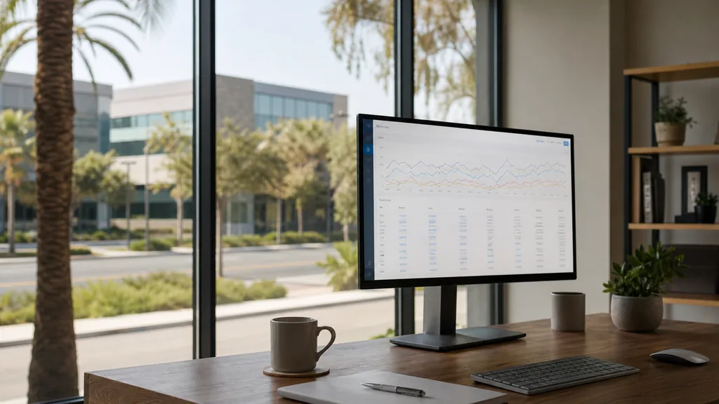 Editorial photograph of an empty modern marketing analytics studio in a San Jose ground-floor office with wide windows onto low tech campuses and palm-lined streets in bright daylight, a widescreen monitor showing a blank dashboard and tag manager view, a keyboard and a mug on a wooden desk, no people and no signage