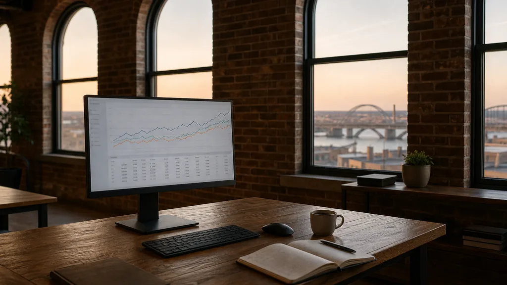 Editorial photograph of an empty modern marketing analytics studio in a St Louis brick loft office with tall arched windows onto river bridges and low rooftops in warm evening light, a widescreen monitor showing a blank dashboard and tag manager view, a keyboard and a mug on a wooden desk, no people and no signage