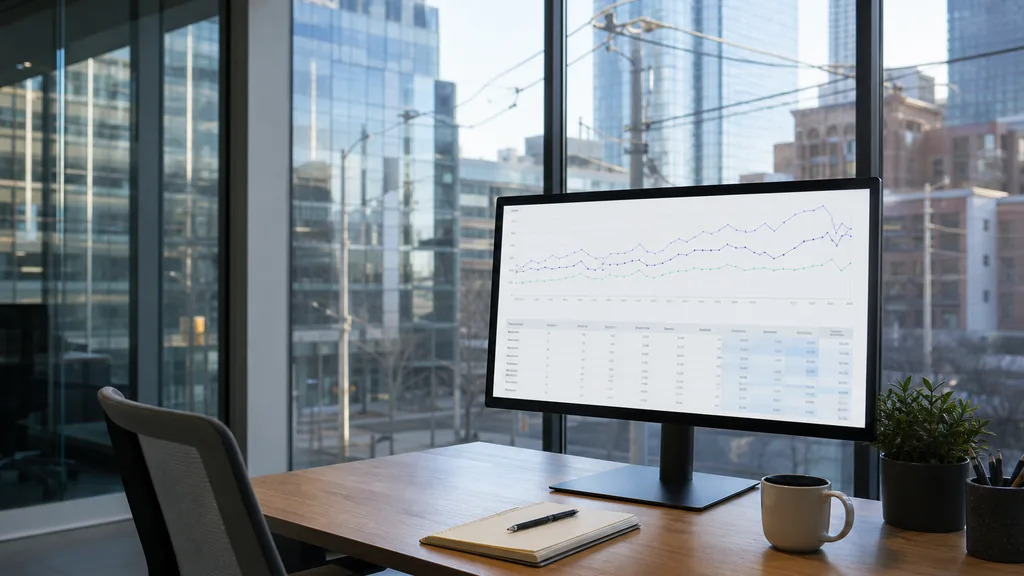 Editorial photograph of an empty modern marketing analytics studio in a Toronto glass-walled office with wide windows onto midtown towers and streetcar wires in cool morning light, a widescreen monitor showing a blank dashboard and tag manager view, a keyboard and a mug on a wooden desk, no people and no signage