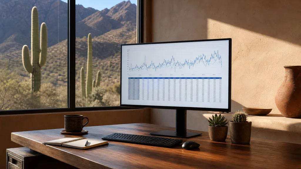 Editorial photograph of an empty modern marketing analytics studio in a Tucson stucco office with wide windows onto saguaro desert and dry mountain ridges in strong afternoon light, a widescreen monitor showing a blank dashboard and tag manager view, a keyboard and a mug on a wooden desk, no people and no signage