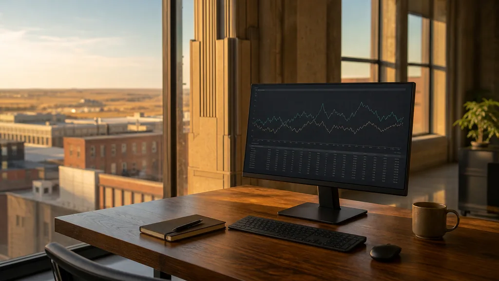 Editorial photograph of an empty modern marketing analytics studio in a Tulsa art-deco building office with tall windows onto low downtown rooftops and open prairie sky in golden light, a widescreen monitor showing a blank dashboard and tag manager view, a keyboard and a mug on a wooden desk, no people and no signage