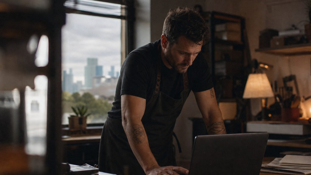 A small-business owner in an apron leaning over a laptop on a cluttered back-office desk late in the day, photographed in Austin