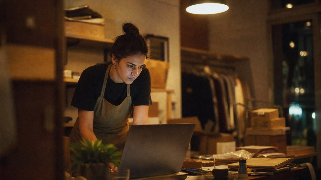 A small-business owner in an apron leaning over a laptop on a cluttered back-office desk late in the day, photographed in Austin