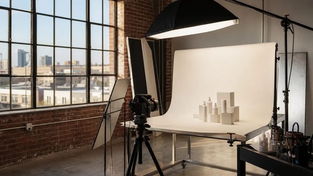 Editorial photograph of an empty Houston product photography studio with daylight through tall windows, a camera on a tripod facing a white sweep table with unbranded bottles and boxes, a large softbox overhead and reflector boards to the side, no people and no signage