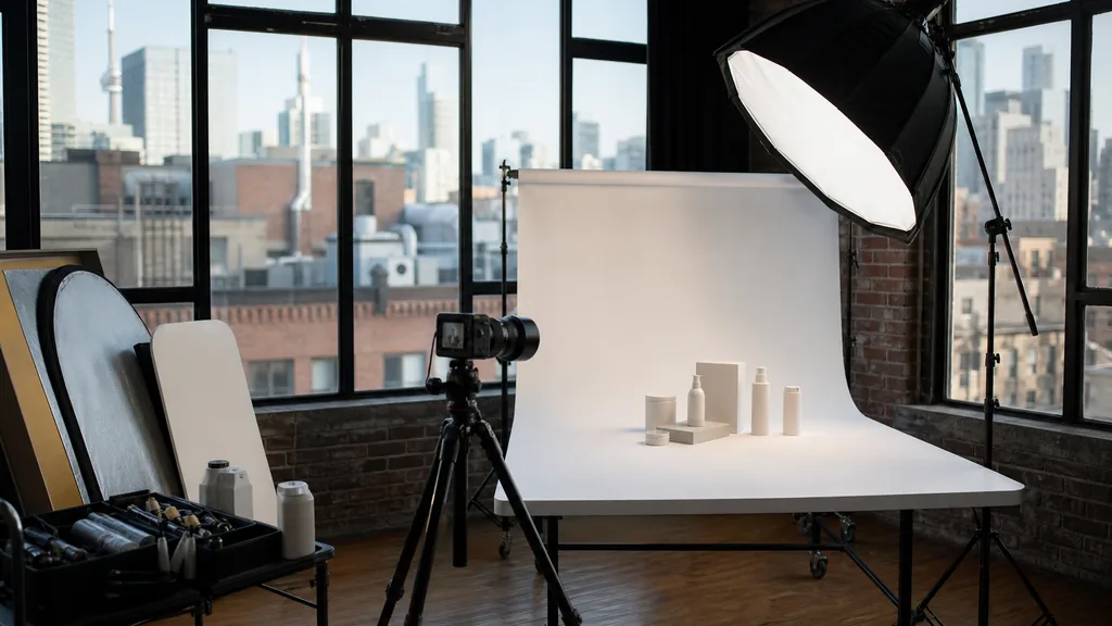 Editorial photograph of an empty Toronto product photography studio with daylight through tall windows, a camera on a tripod facing a white sweep table with unbranded bottles and boxes, a large softbox overhead and reflector boards to the side, no people and no signage