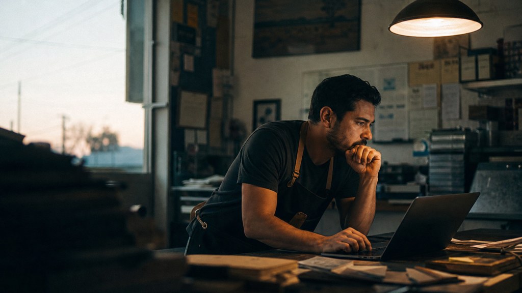A small-business owner in an apron leaning over a laptop on a cluttered back-office desk late in the day, photographed in Bakersfield