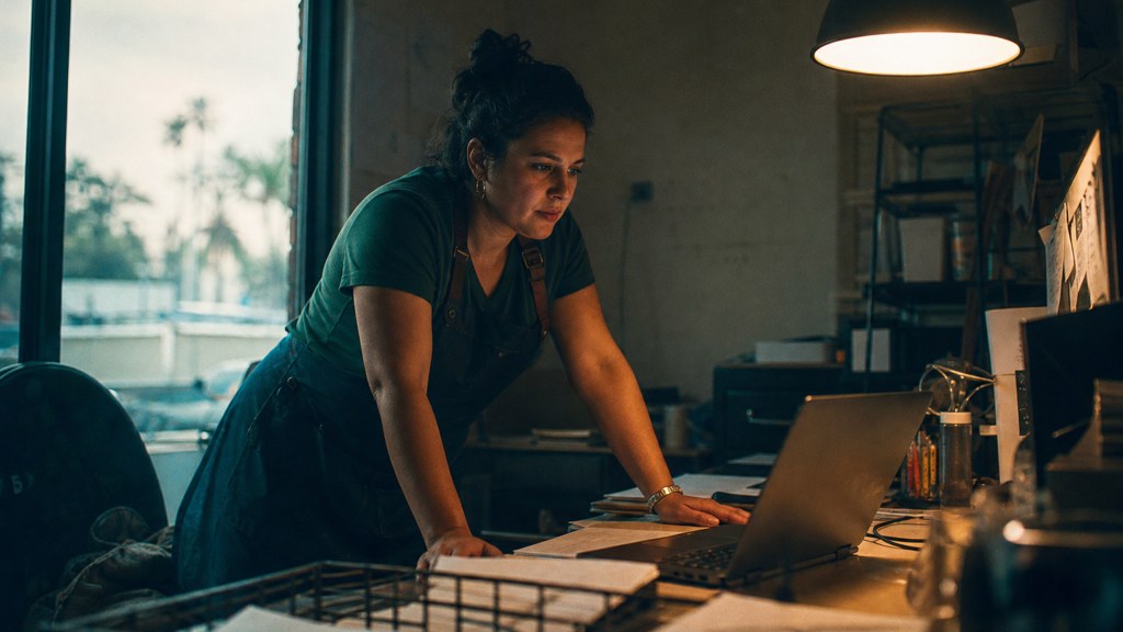 A small-business owner in an apron leaning over a laptop on a cluttered back-office desk late in the day, photographed in Bakersfield