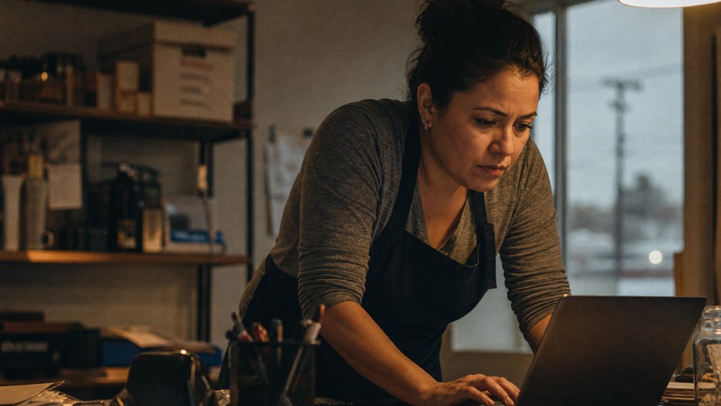 A small-business owner in an apron leaning over a laptop on a cluttered back-office desk late in the day, photographed in Bakersfield