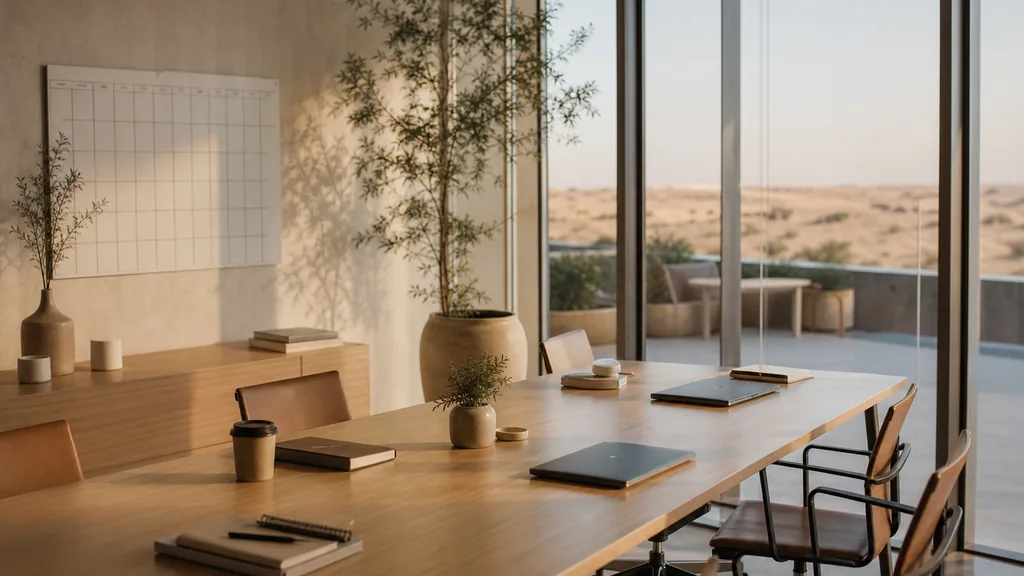 Photograph of an empty Dubai marketing agency workspace with desks, closed laptops and a wall planner in natural light