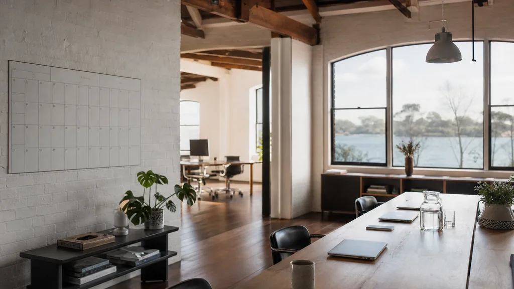 Photograph of an empty Sydney marketing agency workspace with desks, closed laptops and a wall planner in natural light