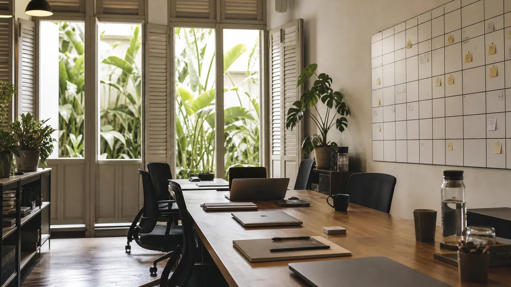 Photograph of an empty Singapore marketing agency workspace with desks, closed laptops and a wall planner in natural light