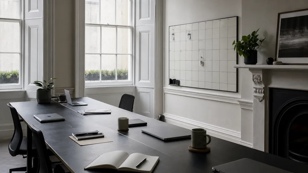 Photograph of an empty Dublin marketing agency workspace with desks, closed laptops and a wall planner in natural light