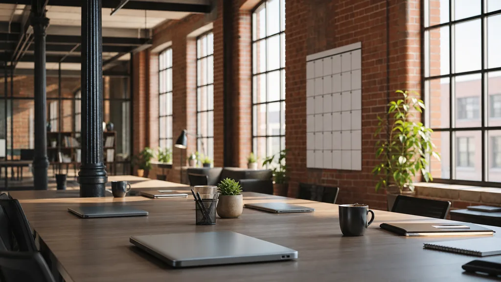 Photograph of an empty Manchester marketing agency workspace with desks, closed laptops and a wall planner in natural light