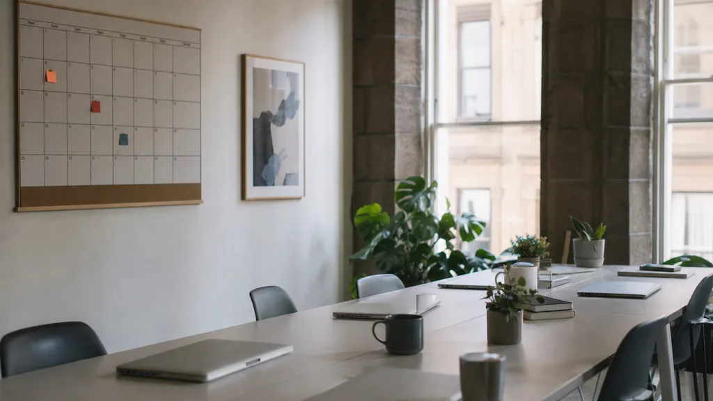 Photograph of an empty Glasgow marketing agency workspace with desks, closed laptops and a wall planner in natural light