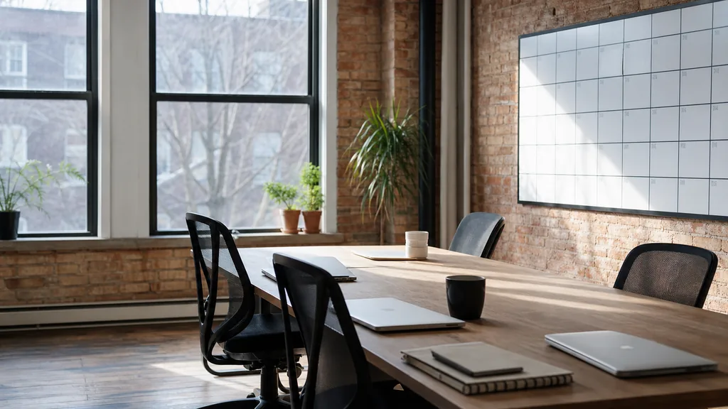 Photograph of an empty Montreal marketing agency workspace with desks, closed laptops and a wall planner in natural light