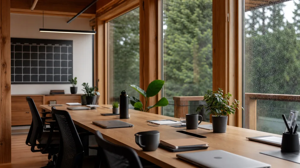 Photograph of an empty Vancouver marketing agency workspace with desks, closed laptops and a wall planner in natural light