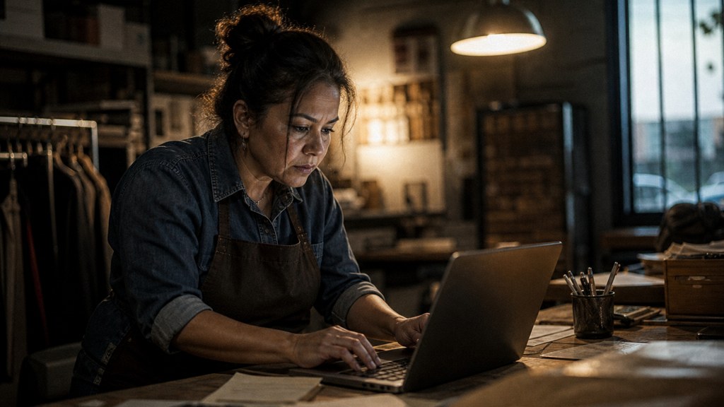 A small-business owner in an apron leaning over a laptop on a cluttered back-office desk late in the day, photographed in Bakersfield