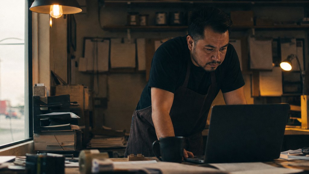 A small-business owner in an apron leaning over a laptop on a cluttered back-office desk late in the day, photographed in Bakersfield