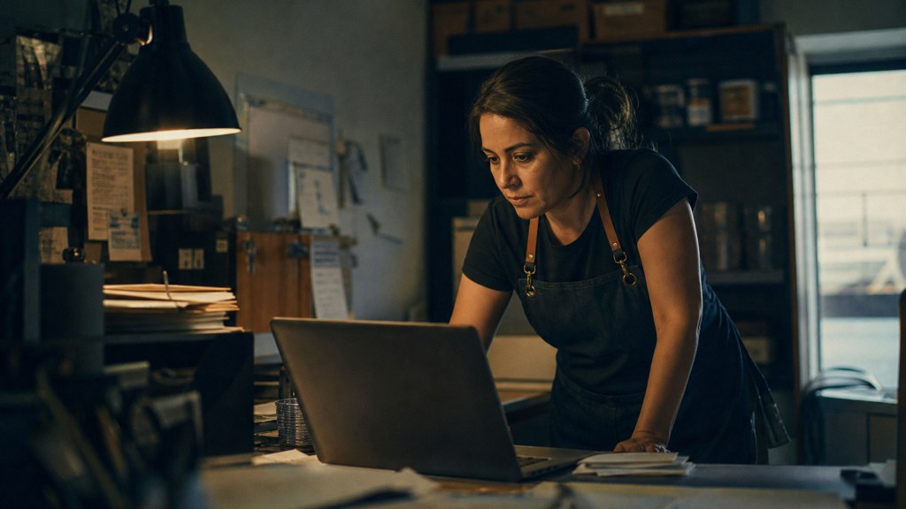 A small-business owner in an apron leaning over a laptop on a cluttered back-office desk late in the day, photographed in Bakersfield