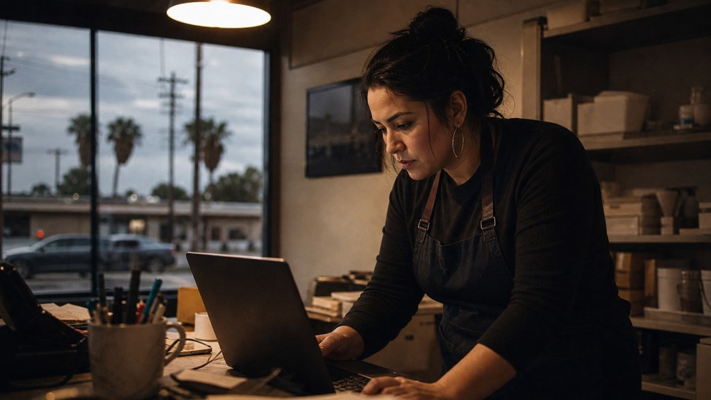 A small-business owner in an apron leaning over a laptop on a cluttered back-office desk late in the day, photographed in Bakersfield