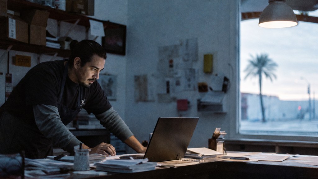 A small-business owner in an apron leaning over a laptop on a cluttered back-office desk late in the day, photographed in Bakersfield
