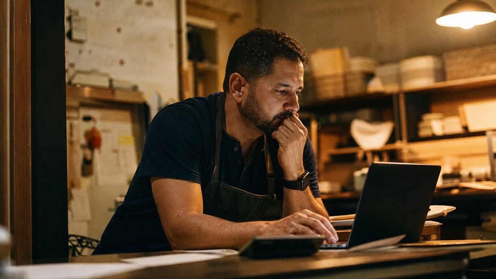A small-business owner in an apron leaning over a laptop on a cluttered back-office desk late in the day, photographed in Bakersfield
