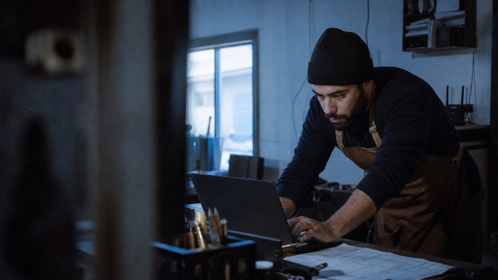 A small-business owner in an apron leaning over a laptop on a cluttered back-office desk late in the day, photographed in Bakersfield