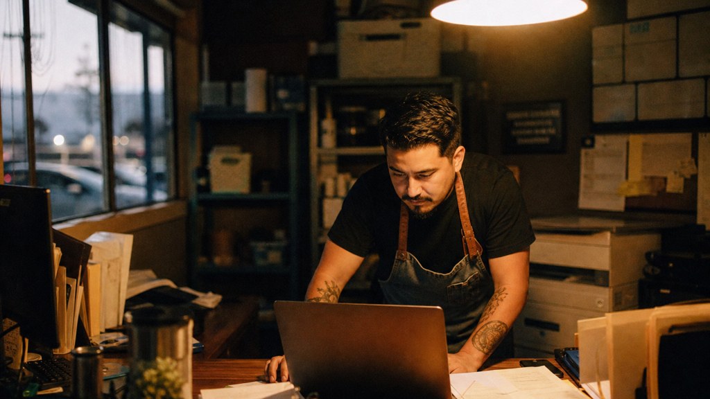 A small-business owner in an apron leaning over a laptop on a cluttered back-office desk late in the day, photographed in Bakersfield
