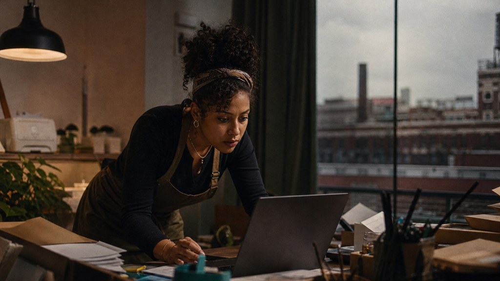 A small-business owner in an apron leaning over a laptop on a cluttered back-office desk late in the day, photographed in Baltimore