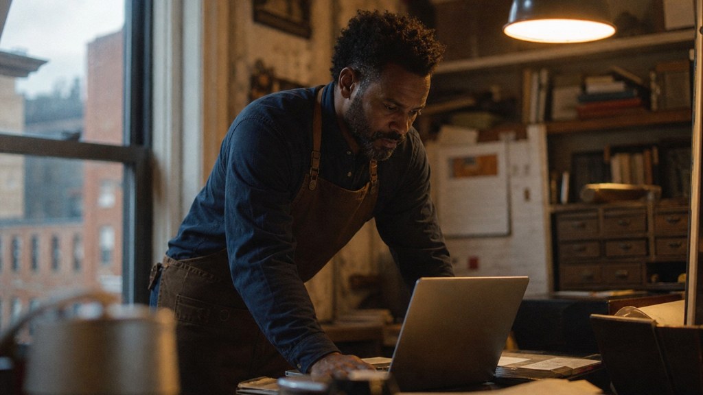 A small-business owner in an apron leaning over a laptop on a cluttered back-office desk late in the day, photographed in Baltimore