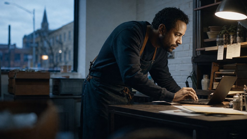 A small-business owner in an apron leaning over a laptop on a cluttered back-office desk late in the day, photographed in Baltimore