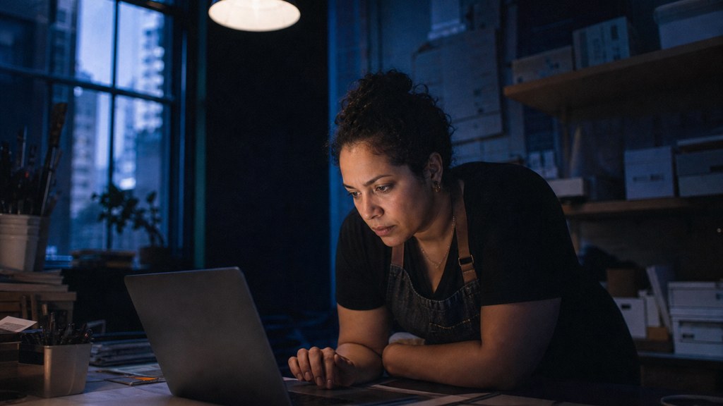 A small-business owner in an apron leaning over a laptop on a cluttered back-office desk late in the day, photographed in Baltimore