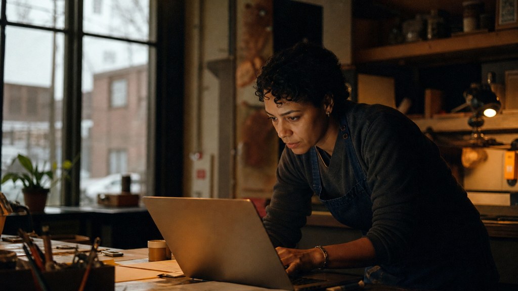 A small-business owner in an apron leaning over a laptop on a cluttered back-office desk late in the day, photographed in Baltimore