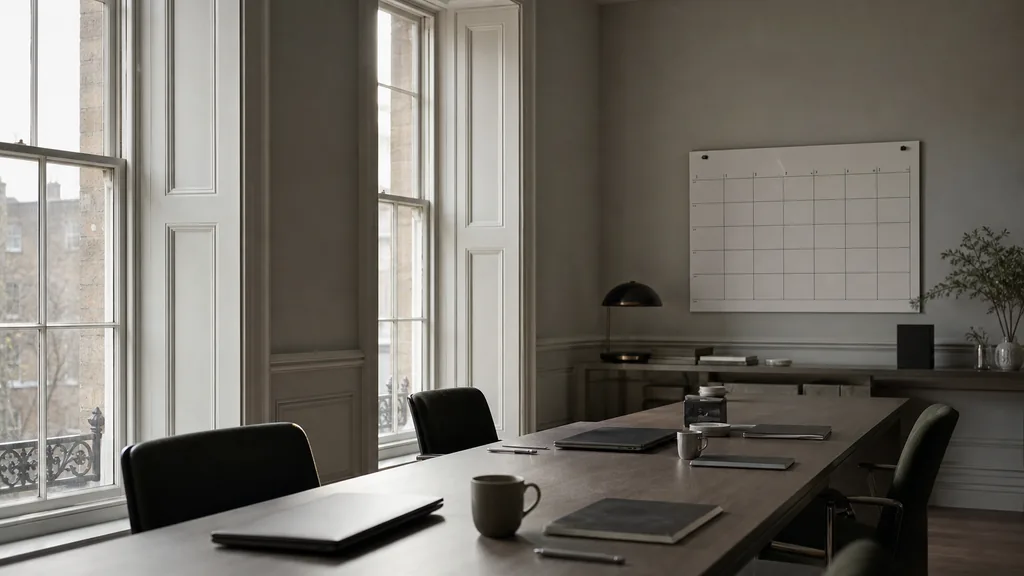 Editorial photograph of an empty modern marketing analytics studio in a Dublin Georgian building interior with tall sash windows, painted panelling and soft grey daylight, a widescreen monitor showing a blank dashboard and tag manager view, a keyboard and a mug on a wooden desk, no people and no signage