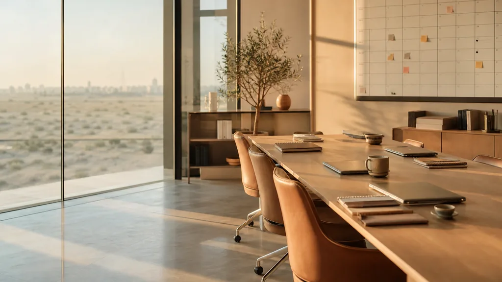 Editorial photograph of an empty modern marketing analytics studio in a Dubai office with floor-to-ceiling glass, pale stone floors and warm late-afternoon desert light, a widescreen monitor showing a blank dashboard and tag manager view, a keyboard and a mug on a wooden desk, no people and no signage